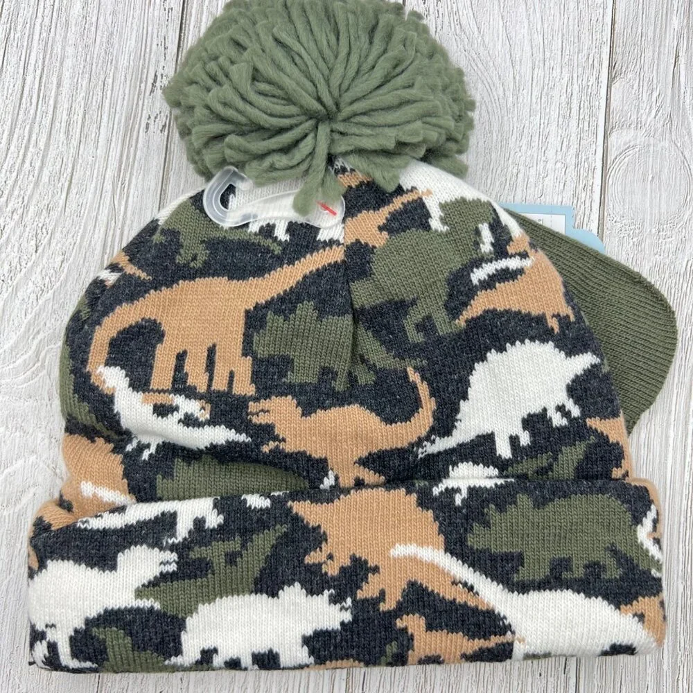 Cat & Jack Kids Dinosaur‎ Camo Beanie and Mittens Set Green Brown 2T-5T NEW
